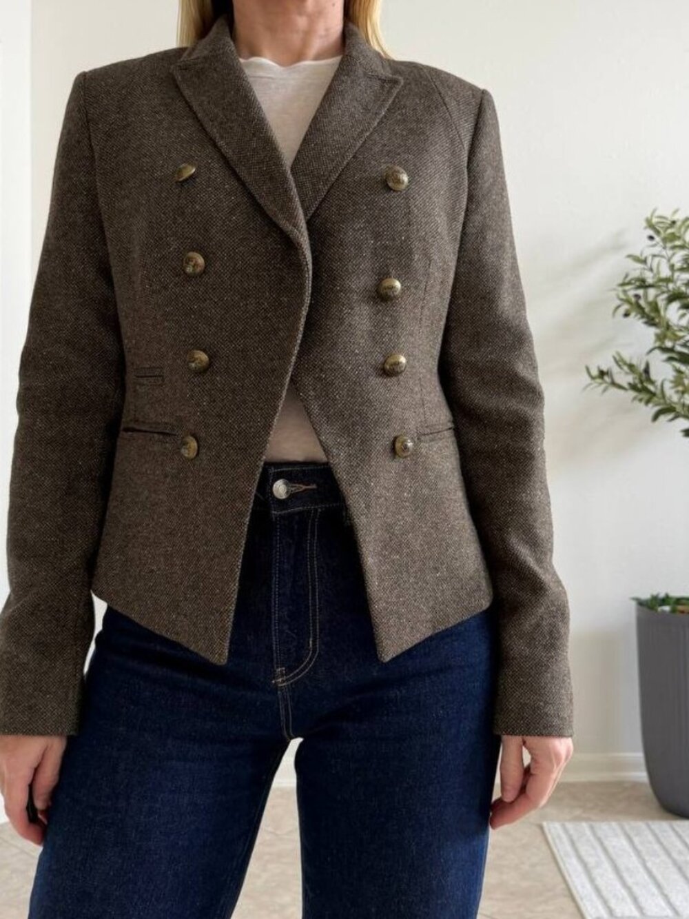 Banana Republic Wool Silk Tweed Double Breasted Blazer Brown Size 6 Quiet Luxury